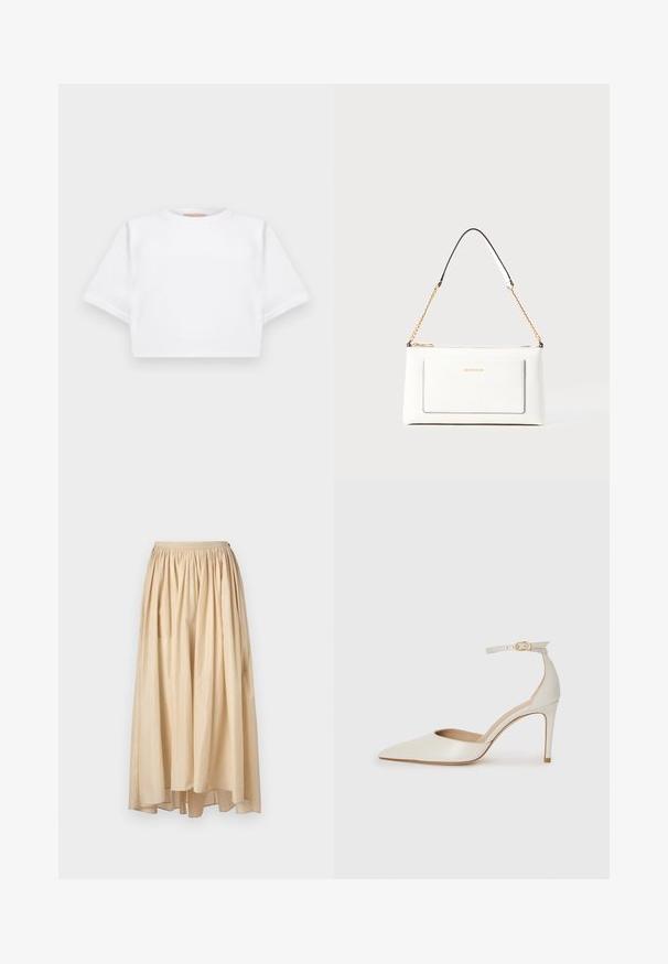 T-shirt branca corta, feita de tecido macio, apresentando mangas curtas, um decote redondo e detalhes de bainha canelada. Design simples e despretensioso.; Saia plissada beige com cintura elástica, feita de tecido leve; apresenta uma silhueta fluida e uma bainha que varia em comprimento.; Sapato de salto alto em pele branca com biqueira pontiaguda, faixa no tornozelo e um salto fino de stiletto. Textura suave com um leve acabamento brilhante.; Bolsa de mão branca em couro com acabamento texturizado, featuring a corrente dourada e detalhes pretos. Inclui um bolso frontal e fecho com zipper.