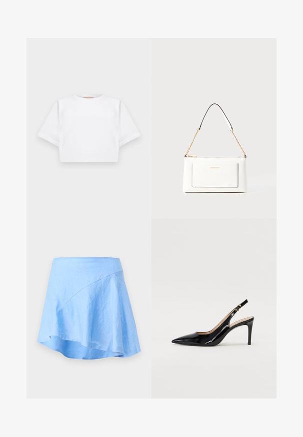 Rövid ujjú, puha anyagból készült, vágott fehér póló, kör alakú nyakkivágással és bordázott alsó résszel. Egyszerű és díszítetlen kialakítás.; Világoskék vászon szoknya A-vonalú szabással és aszimmetrikus alsó szegéllyel. Simasága és minimális varrási részletei jellemzik.; Fekete lakk bőr kötött magassarkú cipő, hegyes orral és karcsú sarokkal, finom kivágásos dizájnnal. Az övön arany csatt található.; Fehér bőr kézitáska, texturált felülettel, arany lánccal és fekete részletekkel. Elülső zsebbel és cipzáros zárással rendelkezik.