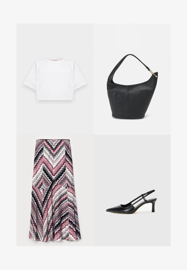 Kratka bela majica iz mehkega materiala, s kratkimi rokavi, okroglega izreza in rebrastimi robovi. Preprost in neokrašen dizajn.; Maxi krilo z vzorcem zigzag v roza, črni in beli barvi, izdelano iz teksturirane tkanine s širšim robom.; Črne lakaste slingback pete s koničastim nosom, ki imajo teksturiran vzorec kačje kože, nastavljiv trak in kratek teksturiran blok peto.; Črna usnjena torbica ovalne oblike, s širokim pasom in teksturirano površino. Ima subtilno šivano podrobnost in zlate dodatke.