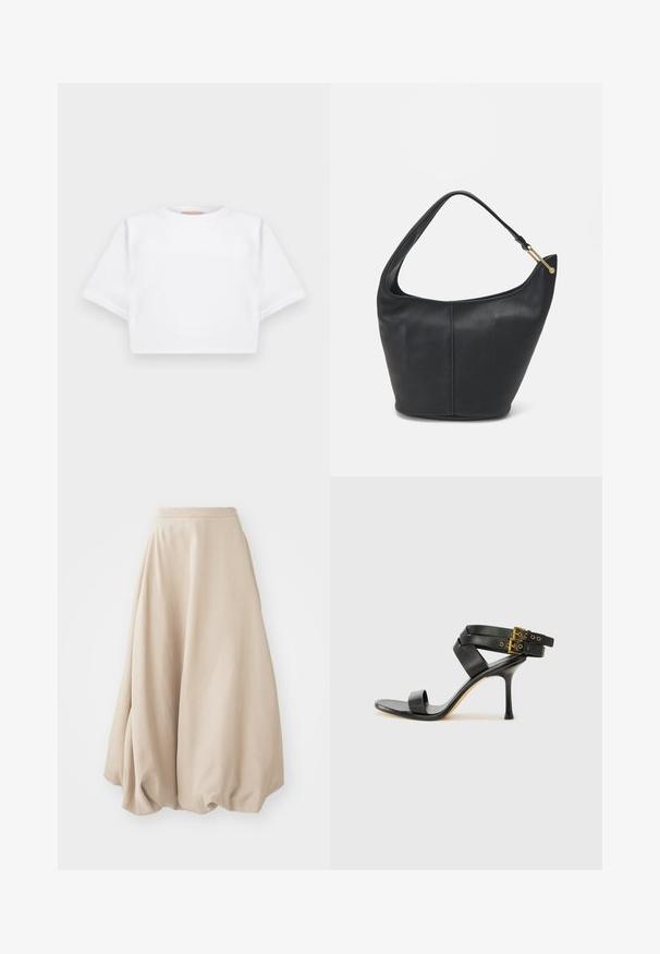 Lyhythihainen valkoinen t-paita pehmeää kangasta, jossa on pyöreä pääntie ja ribbireunat. Yksinkertainen ja ilman koristeita oleva malli.; Beige ilmapallo hame, joka on valmistettu pehmeästä kankaasta. Siinä on korkeavyötäröinen malli ja runsas muotoilu, jossa on kerättyä tekstuuria helmassa.; Mustat korot kengät, joissa on ristikkäiset hihnat ja säädettävä solki. Ominaisuuksiin kuuluu sileä pinta ja kapeneva stilettokorko.; Mustan nahkainen käsilaukku, jossa on pyöreä muoto, leveä olkahihna ja teksturoitu pinta. Sisältää hienovaraisia saumaräätelyjä ja kultasävytteisen varusteen.