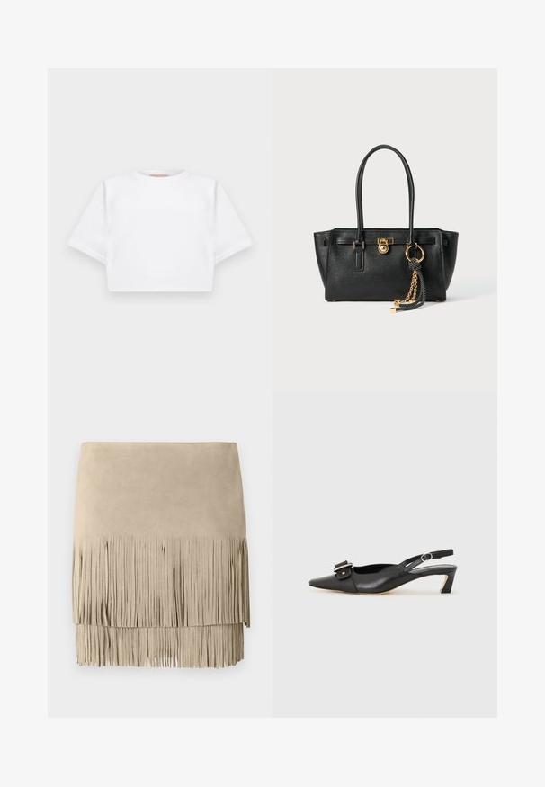 Cropped white t-shirt made of soft fabric, featuring short sleeves, a round neckline, and ribbed hem details. Simple and unembellished design.; Beige suede mini skirt featuring a fringe bottom hem. Smooth texture with even fringe lengths across the bottom edge. Classic design.; Black leather slingback shoe with pointed toe, small heel, and decorative buckle detail on the upper. Smooth texture, minimalistic design.; Black leather handbag with double handles, gold lock and chain detail, and black-and-white tassel accessory against white background.