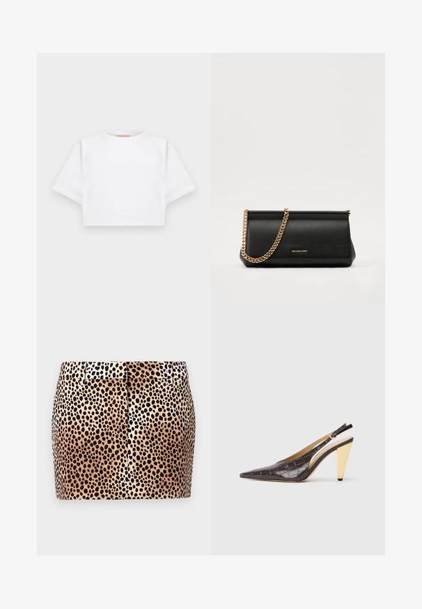 Camiseta blanca corta hecha de una tela suave, con mangas cortas, escote redondo y detalles de ribete en el dobladillo. Diseño simple y sin adornos.; Falda de estampado de leopardo con forma ajustada, fondo beige y manchas negras. Presenta una cinturilla plana y un sutil detalle de pliegue en la parte trasera.; Zapatos de tacón tipo slingback de punta afilada en imitación de cocodrilo brillante de color marrón oscuro. Presenta un tacón geométrico en tono dorado y una correa ajustable en el tobillo.; Cartera de mano de piel negra con una correa de cadena dorada, que presenta una textura suave, forma rectangular y un logotipo en relieve en la parte frontal.