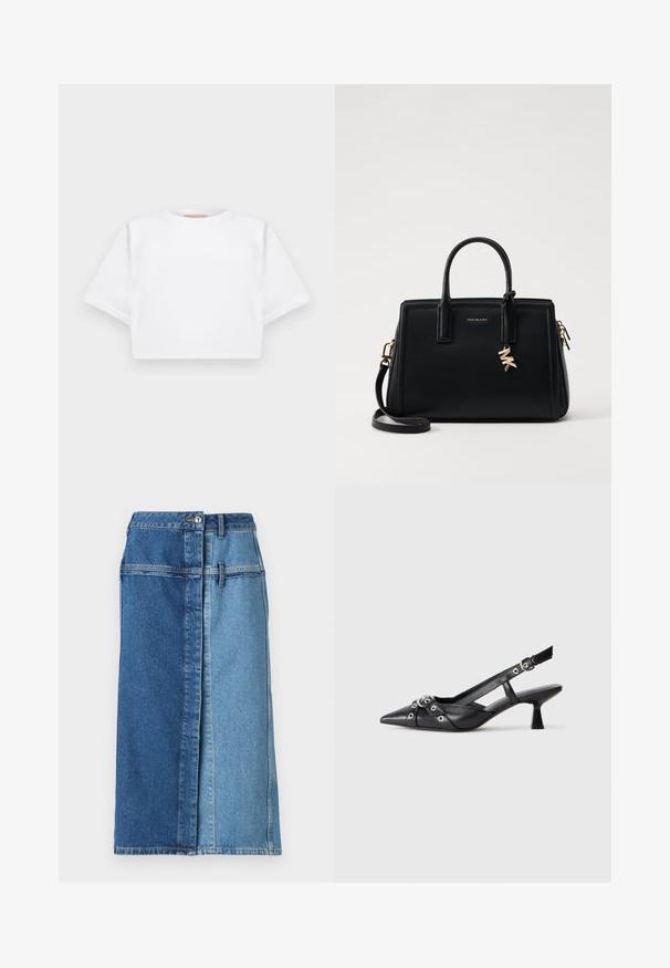 Rövid ujjú, puha anyagból készült, vágott fehér póló, kör alakú nyakkivágással és bordázott alsó résszel. Egyszerű és díszítetlen kialakítás.; Farmernadrág szoknya színblokkkal, sötétkék egyik oldalon és világoskék a másikon, gombos záródással és zsebekkel.; Fekete bőr slingback cipő hegyes orral, dekoratív pántokkal, fém szemekkel és alacsony blokk sarkú. Texturált felület.; Fekete bőr kézitáska strukturált dizájnnal, dupla felső fogantyúkkal, levehető vállpánttal, arany színű fémrészletekkel és logómedál díszítéssel.