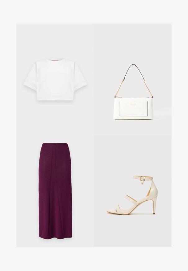 Cropped white t-shirt made of soft fabric, featuring short sleeves, a round neckline, and ribbed hem details. Simple and unembellished design.; Knit maxi skirt in deep purple with a straight silhouette, featuring a rear slit for added movement and a smooth finish.; Beige high-heeled sandals with thin ankle strap and two upper straps. Glossy patent finish and gold hardware detail on the ankle strap.; White leather handbag with a textured finish, featuring a gold chain strap and black accents. Includes a front pocket and zipper closure.