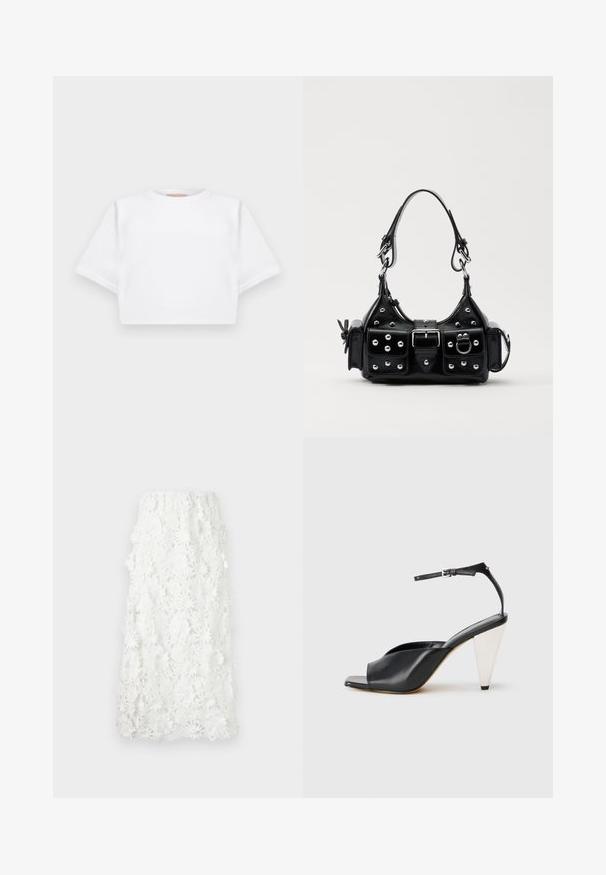 T-shirt branca corta, feita de tecido macio, apresentando mangas curtas, um decote redondo e detalhes de bainha canelada. Design simples e despretensioso.; Saia branca até ao tornozelo feita de renda floral intrincada com uma bainha em forma de ondas. Cintura elástica para um ajuste confortável. Padrão delicado e texturizado.; Sandal de salto alto em couro preto com bico aberto, design assimétrico, tira no tornozelo e um salto metálico em forma de cone. Textura suave por toda a parte.; Bolsa de couro preta com um design curvado, apresentando tachas prateadas, uma fivela e dois bolsos laterais. Alça ajustável para opções de transporte.