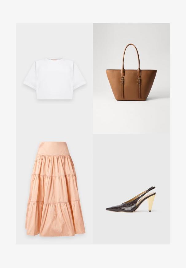 Lyhythihainen valkoinen t-paita pehmeää kangasta, jossa on pyöreä pääntie ja ribbireunat. Yksinkertainen ja ilman koristeita oleva malli.; Hame duniapelaora, kerat rang peach, ke mader leher mara. Merang pehndangan amoha teluk dan tekstur lembut yang menggembung keseluruhannya.; Kärppäotsa slingback-korkokengät tummanruskeasta kiiltävästä keinonahasta, joka imitoi krokotiilin ihoa. Malleissa on kultasävyinen geometrinen korko ja säädettävä nilkkaremmi.; Ruskea nahkainen olkalaukku, jossa on teksturoidun pinnan, kapeneva muoto, kaksi tukevat kahvaa ja koristeelliset kultaisentason varusteet.