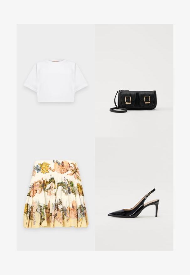 Lyhythihainen valkoinen t-paita pehmeää kangasta, jossa on pyöreä pääntie ja ribbireunat. Yksinkertainen ja ilman koristeita oleva malli.; Ker skirt bertingkat bercetak floral berwarna krim, menampilkan ilustrasi besar berwarna-warni bunga dan buah. Kain lembut, pinggir berkumpul, dan pinggang elastis.; Musta lakattu nahkainen slingback-korkokenkä, jossa on terävä kärki, kapea korko ja hillitty leikkaussuunnittelu. Varressa on kultainen solki.; Musta nahkainen olkalaukku, jossa on kaksi etutaskua, kultaiset soljet, vetoketjukiinnitys ja kapea hihna. Teksturoidun pinnan ja kompaktin suorakaiteen muoto.