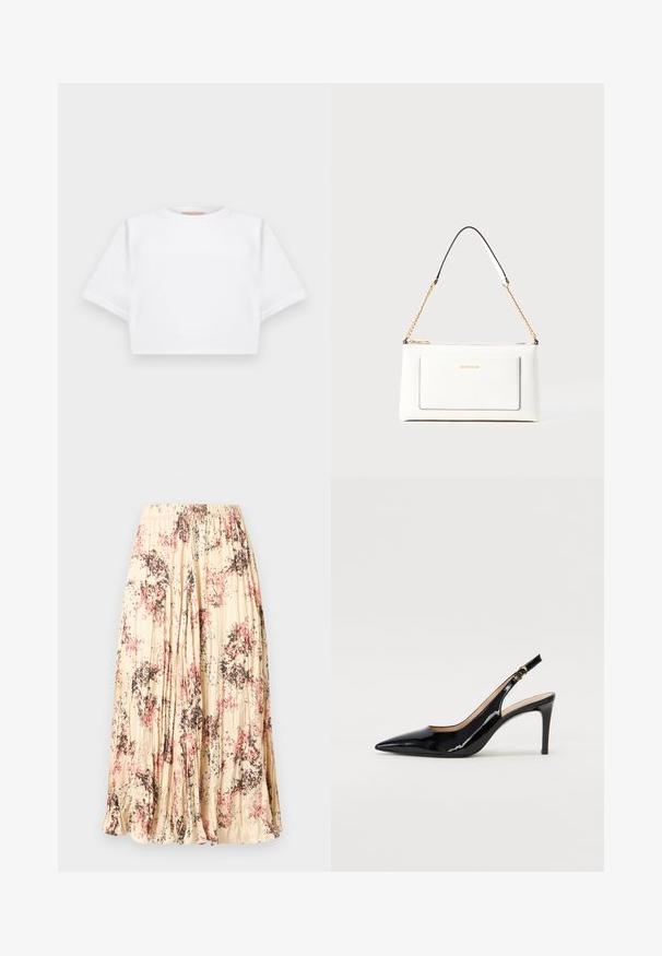 Cropped white t-shirt made of soft fabric, featuring short sleeves, a round neckline, and ribbed hem details. Simple and unembellished design.; Beige pleated midi skirt with a floral pattern in pink, black, and blue, featuring an elastic waistband.; Black patent leather slingback pump with pointed toe, slim heel, and a subtle cutout design. Features a gold buckle on the strap.; White leather handbag with a textured finish, featuring a gold chain strap and black accents. Includes a front pocket and zipper closure.