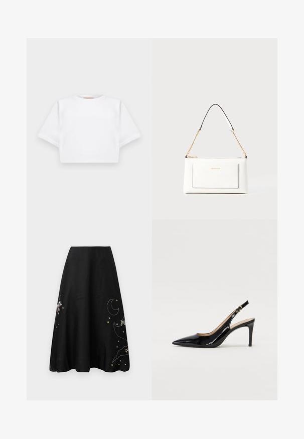 Beschnittenes weißes T-Shirt aus weichem Stoff, mit kurzen Ärmeln, rundem Halsausschnitt und gerippten Saumdetails. Einfaches und schnörkelloses Design.; Schwarzer Rock mit bunten Stickereien von Sternen, einem Mond und einer Figur. A-Linie Design, glattes Material, knielang, mit einem dezenten Glanz.; Schwarz lackierte Slingback-Pumps mit spitzem Zehenbereich, schlankem Absatz und einem subtilen Ausschnittdesign. Verfügt über eine goldene Schnalle am Riemen.; Weißes Lederhandtasche mit strukturierter Oberfläche, ausgestattet mit einem goldenen Kettenriemen und schwarzen Akzenten. Enthält eine Fronttasche und einen Reißverschluss.