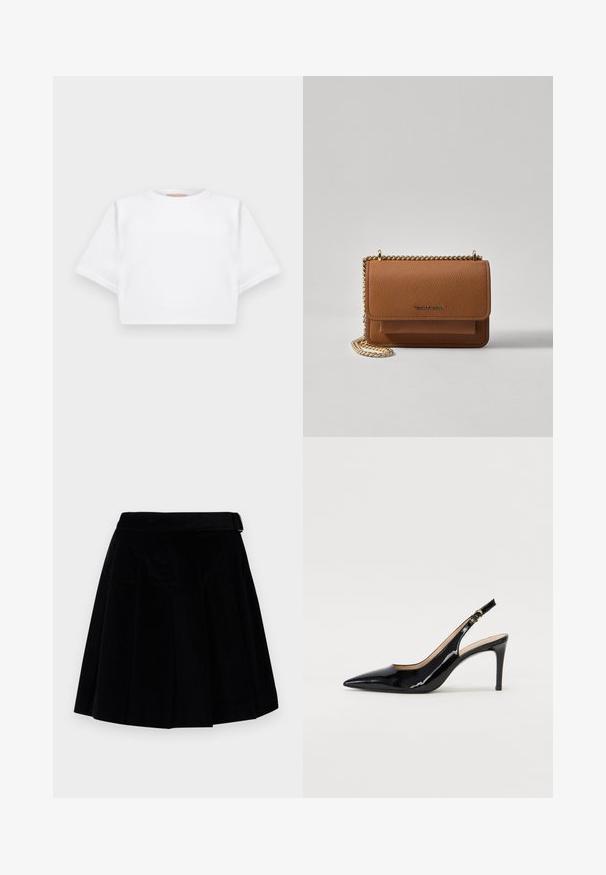 T-shirt bianca cropped realizzata in tessuto morbido, con maniche corte, scollo rotondo e dettagli a costine sull'orlo. Design semplice e senza fronzoli.; WEEKEND MaxMara ZUCCA - Gonna a campana - nero; Pumps slingback in pelle verniciata nera con punta affilata, tacco sottile e un design con ritagli delicati. Caratterizzate da una fibbia dorata sul cinturino.; Borsa a tracolla in pelle marrone con texture, dotata di catena dorata e chiusura a pattina. Sul davanti presenta un dettaglio con logo e una tasca sotto la pattina.