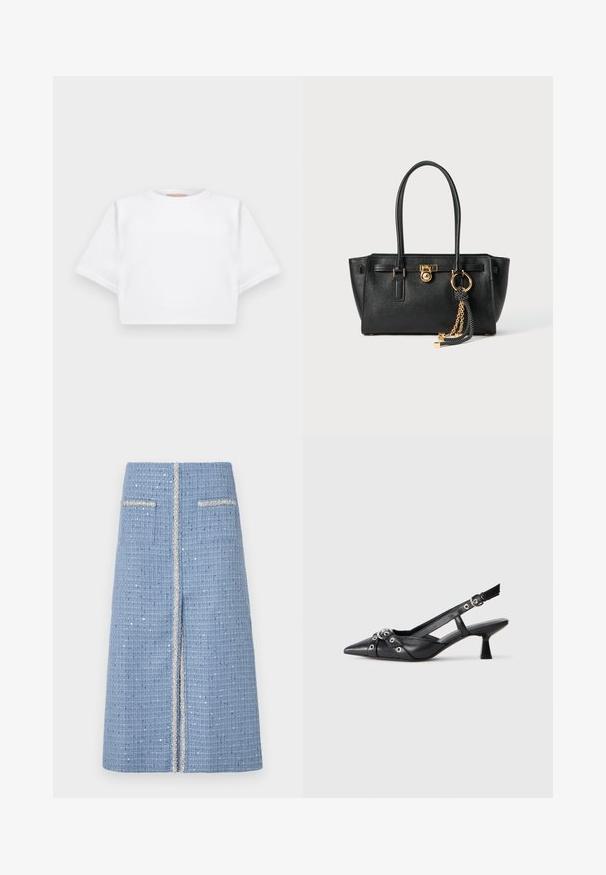 Gemiddelde witte T-shirt gemaakt van zachte stof, met korte mouwen, een ronde halslijn en geribbelde zoomdetails. Eenvoudig en ongecompliceerd ontwerp.; Blauwe geweven rok met een gestructureerde afwerking, voorzien van twee frontzakken en zilveren bies langs de middennaad en de randen van de zakken.; Zwarte leren slingback schoen met een puntige neus, decoratieve banden met metalen oogjes en een lage blokhak. Textuur oppervlak.; Zwarte leren handtas met dubbele handgrepen, gouden slot en kettingdetail, en zwart-witte franjer accent tegen een witte achtergrond.