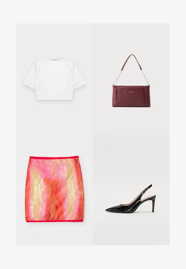 T-shirt blanc court en tissu doux, avec des manches courtes, un col rond et des détails en côtes sur l'ourlet. Design simple et sans embellissement.; Jupe mini en dentelle transparente avec un dégradé de roses et de rouges, ornée d'un motif floral, finie par une taille rouge unie.; Pompe slingback en cuir verni noir avec un bout pointu, un talon fin et un design de découpes subtil. Elle dispose d'une boucle dorée sur la sangle.; Sac à main en cuir bordeaux avec une surface texturée, de forme rectangulaire mince, une bandoulière en chaîne détachable et un accent logo à l'avant.