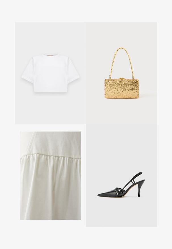 Lühikeste varrukatega, pehmest kangast lõigatud valge T-särk, millel on ümar kaelus ja soonikuga ääred. Lihtne ja ilma kaunistusteta disain.; THE FATED PARLOUR - Miniseelik - ivory; Must musta kõrgtehnoloogiline suss, terava ninaga, ristcross rihmade disainiga ja õhukese stilettokontsaga. Sile tekstuur ja minimaalne kaunistus.; Kullatud kaunistustega kott ristküliku kujuga, millel on keeratud ahelast käepide ja metallist lukuga sulgur, peegeldades valgust tekstuurse viimistlusega.