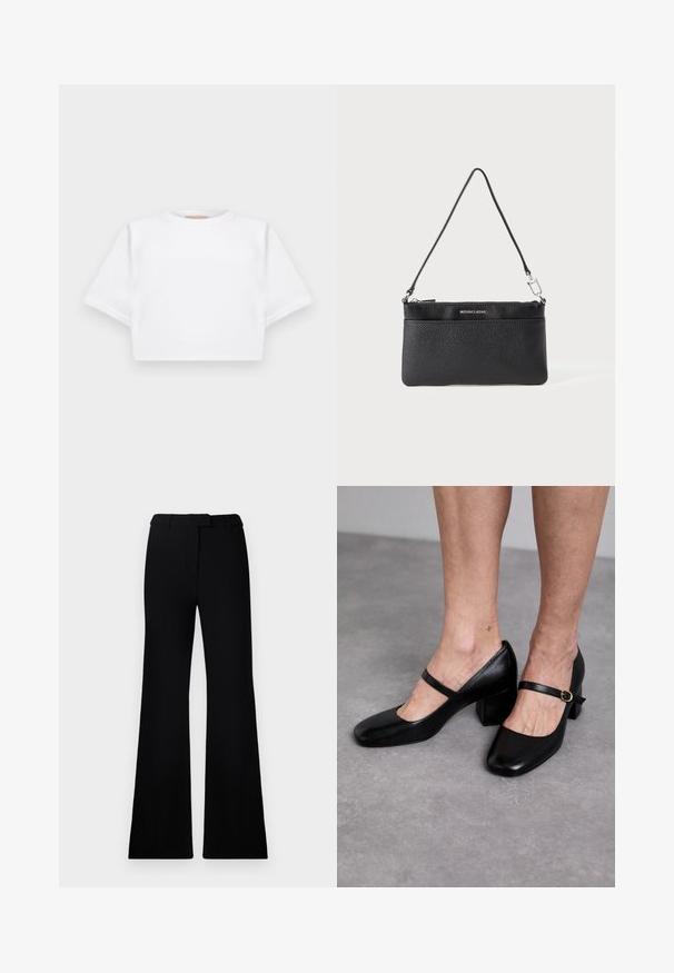 Cropped white t-shirt made of soft fabric, featuring short sleeves, a round neckline, and ribbed hem details. Simple and unembellished design.; Black flared pants featuring a smooth texture, tailored waistband, and front pockets, designed with a sleek, modern silhouette.; Stuart Weitzman Classic heels - black; Black leather wristlet, textured finish, zipper closure, silver-toned hardware, brand logo, adjustable strap. Compact and rectangular shape.