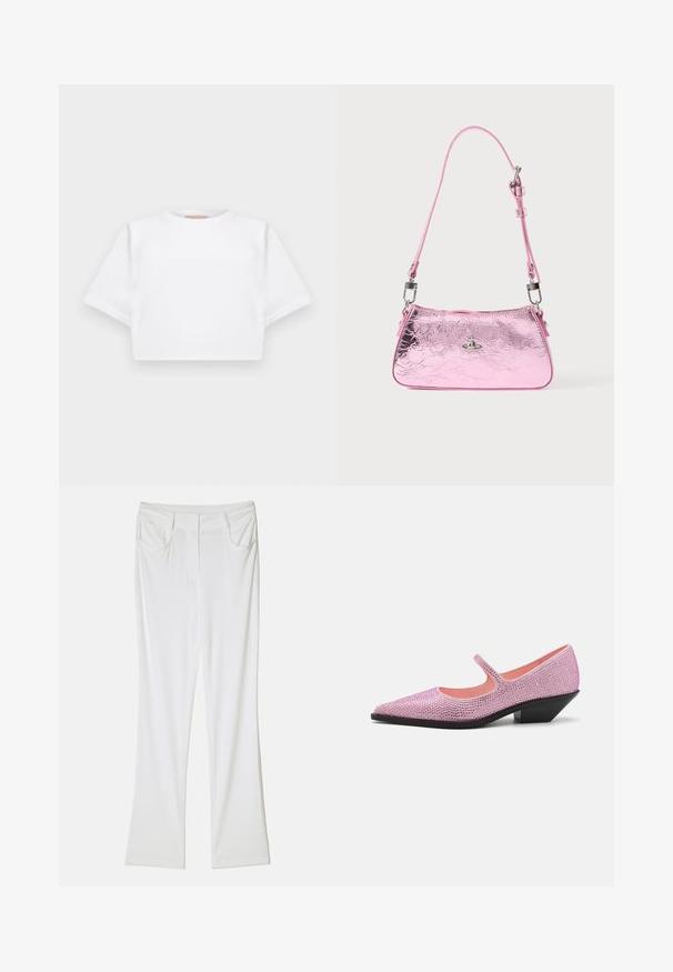 Kratka bela majica iz mehkega materiala, s kratkimi rokavi, okroglega izreza in rebrastimi robovi. Preprost in neokrašen dizajn.; Bela široka hlače iz gladkega tkanja z dvema sprednjima žepoma in šivanim pasom za prilagojen videz.; Rožnato čevljico Mary Jane, okrašeno z rožnatimi kamenčki, z ostro konico, odprtimi stranicami in nizkim, poševnim črnim peto. Gladek notranji del.; Roza kovinska ročna torbica z nagubano teksturo, nastavljivim trakom in srebrno kovinsko opremo. Na sprednji strani je majhen emblem.