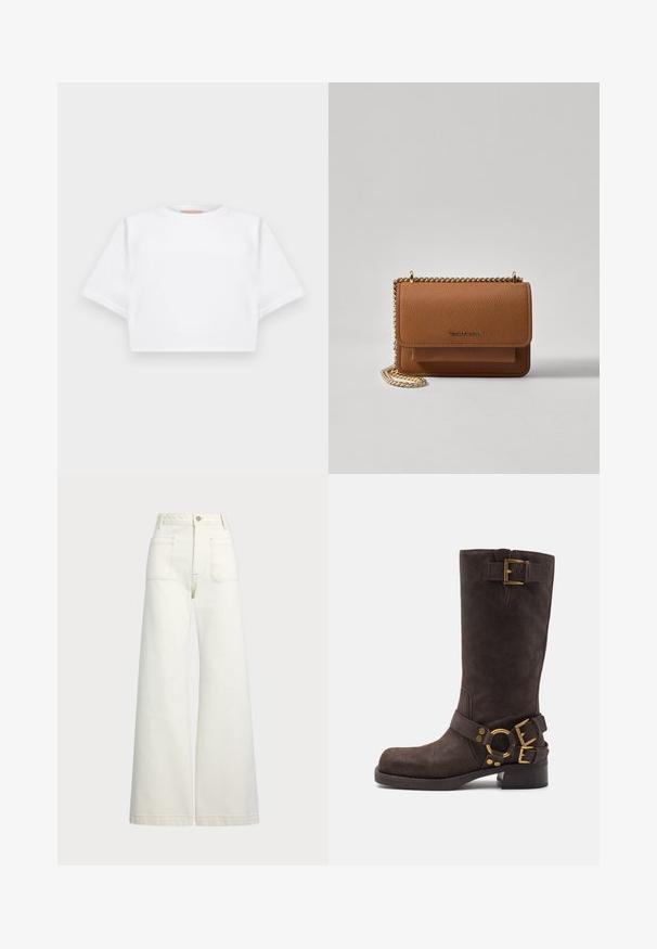 T-shirt branca corta, feita de tecido macio, apresentando mangas curtas, um decote redondo e detalhes de bainha canelada. Design simples e despretensioso.; Jeans de perna larga em denim off-white. Design de cintura alta com fecho de botão, dois bolsos frontais e detalhes de costura em contraste.; Bota castanha em camurça até ao joelho com ponta arredondada, detalhes em hardware dourado, duas tiras com fivelas e um salto baixo e grosso.; Bolsa crossbody de couro texturizado castanho com alça de corrente dourada e fecho com aba. A parte da frente apresenta detalhe do logótipo e um bolso sob a aba.