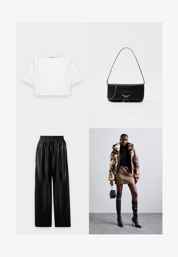 T-shirt branca corta, feita de tecido macio, apresentando mangas curtas, um decote redondo e detalhes de bainha canelada. Design simples e despretensioso.; Calças largas de couro preto com cintura elástica, apresentando dois bolsos laterais e uma textura suave e brilhante.; Casaco puffer com um padrão em castanho e preto, combinado com uma saia mini em estampado de cobra castanha, botas altas pretas até ao joelho e uma pequena bolsa preta.; Saco de couro preto com uma alça de corrente prateada, apresentando ornamentos em forma de asas e costura branca ao longo da costura inferior.