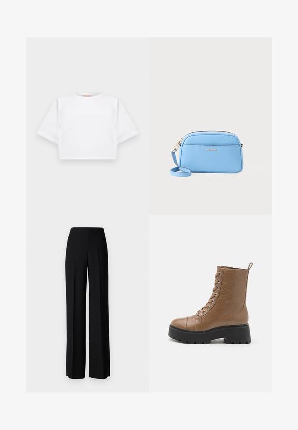 Klippt vit t-shirt tillverkad av mjukt tyg, med korta ärmar, rund halsringning och ribbade kantdetaljer. Enkel och utan prål design.; Svarta vida byxor med en slät textur, med hög midja och centrala veck. Inga synliga mönster eller hårdvarudetaljer.; Bruna faux läder ankelstövlar med en kraftig svart sula, rund tå, snörning framtill och en dragflik baktill. Strukturerad yta.; Ljusblå lädercrossbodyväska med guldtonade detaljer, dragkedjestängning och en framficka. Försedd med en justerbar rem för bekvämlighet.