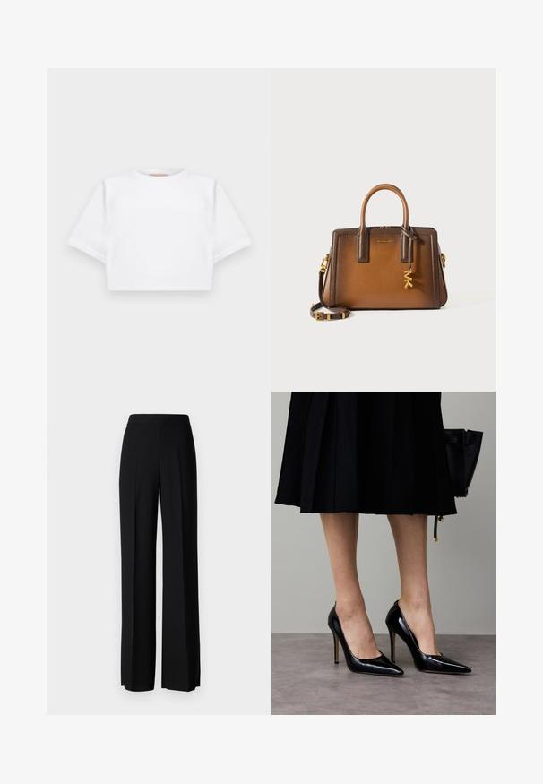 Lühikeste varrukatega, pehmest kangast lõigatud valge T-särk, millel on ümar kaelus ja soonikuga ääred. Lihtne ja ilma kaunistusteta disain.; Mustad laiad püksid mustas värvitoonis, sujuva tekstuuri ja kõrge vöökoha ning keskmiste voldikutega. Ilma nähtavate mustrite või tarvikute detailideta.; Mustad lakknahast kõrge kontsaga kontsakingad terava varba ja madala suuavaosaga, millel on elegantne siluett ja läikiv tekstuur.; Pruun nahast kott, millel on kaks ülemist käepidet, eemaldatav õlavöö, kuldne riistvara ja dekoratiivne riputus, millel on tähed "MK."