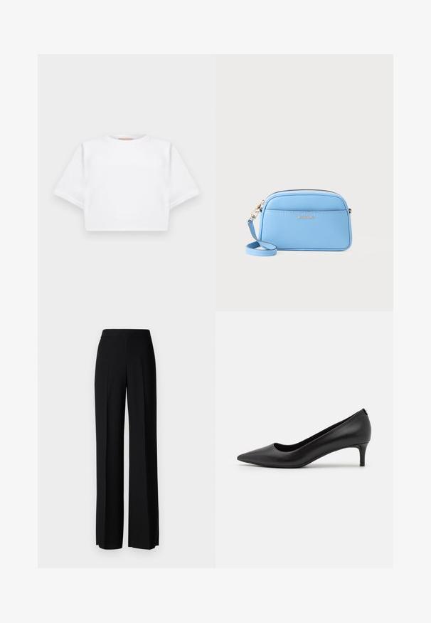 Skraćena bijela majica od mekog materijala, s kratkim rukavima, okruglim izrezom i rebrastim detaljima na rubu. Jednostavan i neukrašen dizajn.; Crne široke hlače s glatkom teksturom, s visokim strukom i središnjim pregibima. Nema vidljivih uzoraka ili hardverskih detalja.; Crne kožne cipele na petu s uskim vrhom i niskom petom. Glatka tekstura, elegantan dizajn i suptilni detalji na peti.; Svijetloplava kožna torba preko tijela s zlatnim detaljima, zatvaranjem na zip i prednjim džepom. Ima podesivu naramenicu za praktičnost.