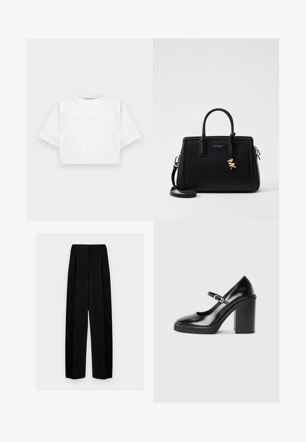 Zkrácené bílé tričko vyrobené z měkké látky, má krátké rukávy, kulatý výstřih a žebrované detaily na lemech. Jednoduchý a nezdobený design.; Černé široké kalhoty s vysokým pasem, které mají sklady a hladký povrch. Tkanina vypadá lehce a krásně se splétá.; Černá lakovaná vysoká bota na podpatku s kulatou špičkou, popruhem kolem kotníku, stříbrnou sponou a silným blokovým podpatkem.; Černá kožená kabelka se strukturovaným designem, dvojitými horními uchy, odnímatelným ramenním popruhem, zlatými doplňky a akcentem ve formě logového charm.
