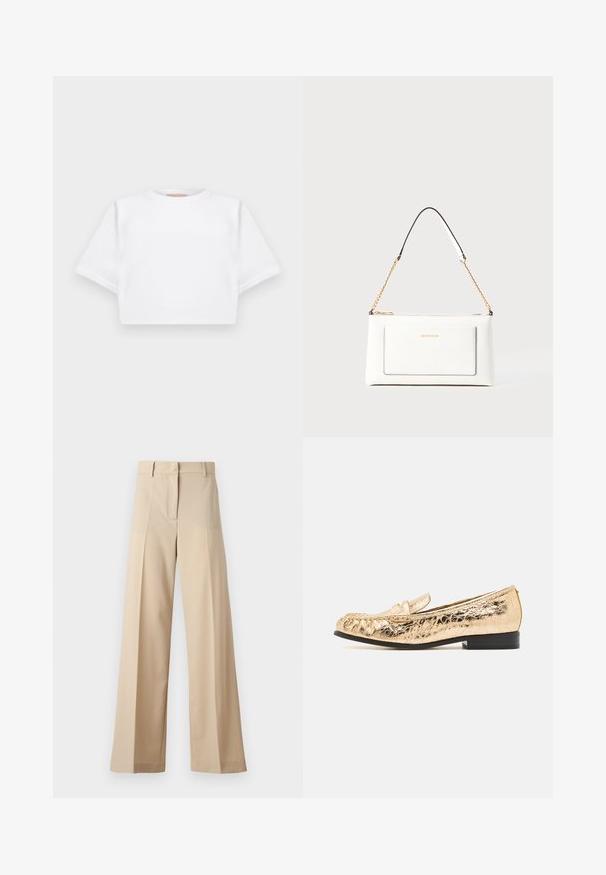 Rövid ujjú, puha anyagból készült, vágott fehér póló, kör alakú nyakkivágással és bordázott alsó résszel. Egyszerű és díszítetlen kialakítás.; Beige színű, bő szabású nadrág sima anyagból, lapos elejével, redőkkel, cipzáras záródással és övhurkokkal. Összességében testreszabott szabású.; Arany szintetikus loaferek strukturált felülettel, lekerekített orral és díszes pánttal. Alacsony fekete sarokkal és steppelt részletekkel rendelkezik.; Fehér bőr kézitáska, texturált felülettel, arany lánccal és fekete részletekkel. Elülső zsebbel és cipzáros zárással rendelkezik.