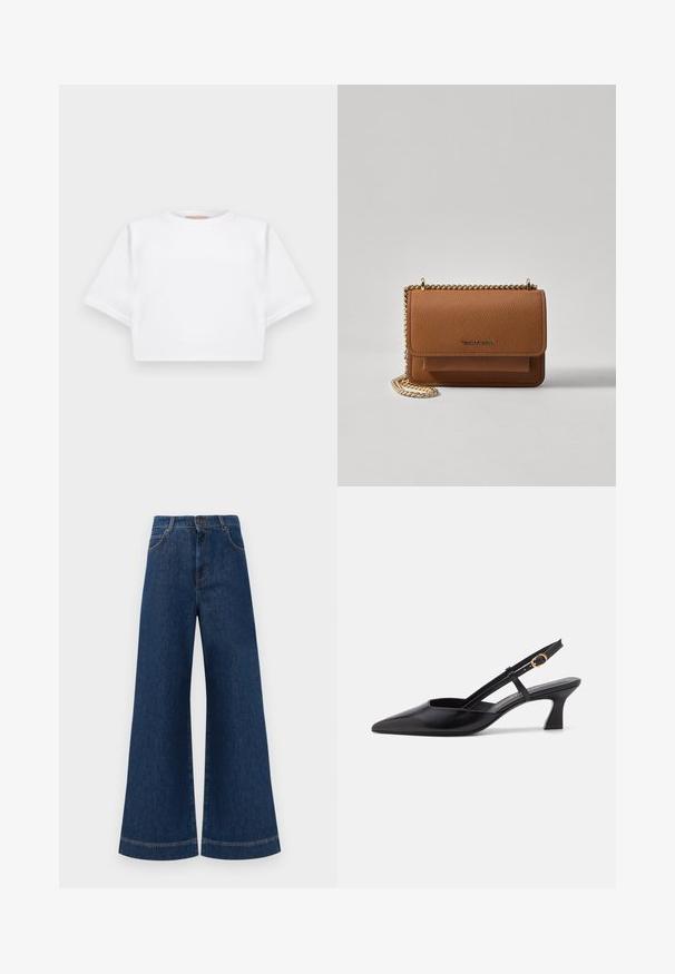 Cropped white t-shirt made of soft fabric, featuring short sleeves, a round neckline, and ribbed hem details. Simple and unembellished design.; Wide-leg blue denim jeans with a high waist, featuring a button closure, belt loops, and subtle stitching details along the pockets and hems.; Black leather slingback shoe with a pointed toe, low heel, and adjustable strap featuring a gold ring accent. Smooth texture and minimalist design.; Brown textured leather crossbody bag with gold chain strap and flap closure. Front features logo detail and a pocket under the flap.