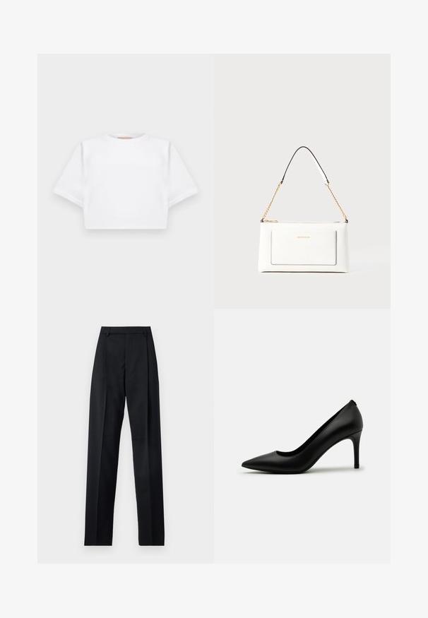 Skrojona biała koszulka z miękkiego materiału, z krótkimi rękawami, okrągłym dekoltem i żebrowanymi detalami u dołu. Prosty i nieozdobiony design.; Czarne spodnie wykonane z gładkiego materiału, z wysokim stanem, szerokimi nogawkami, fałdami z przodu i klasycznymi szlufkami na pasek. Brak widocznych kieszeni bocznych.; Czarne szpilki wykonane z gładkiej skóry, z wąskim noskiem i smukłym obcasem w kształcie słupka. Minimalistyczny design bez widocznych zdobień.; Biała skórzana torebka o teksturowanym wykończeniu, z złotą łańcuszkową rączką i czarnymi akcentami. Zawiera przednią kieszeń oraz zamek błyskawiczny.