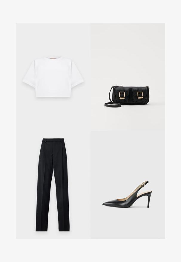 Lühikeste varrukatega, pehmest kangast lõigatud valge T-särk, millel on ümar kaelus ja soonikuga ääred. Lihtne ja ilma kaunistusteta disain.; Mustad püksid siledast kangast, millel on kõrge vöökoht, laiad jalad, esimesed kortsud ja klassikalised vööloopid. Küljepockets pole nähtavad.; Mustad nahast seljataga kõrged kontsad, kellel on terav varvas, reguleeritav rihm ja sujuva viimistlusega stiilne stiletto konts.; Must küllastamata nahast õlakott, millel on kaks esist nähtavat taskut, kuldsed pandlad, tõmblukuga sulgemine ja peen rihm. Tekstuuriga pind ja kompaktne ristkülikukujuline kuju.