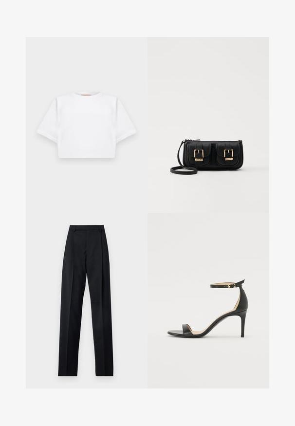 Cropped white t-shirt made of soft fabric, featuring short sleeves, a round neckline, and ribbed hem details. Simple and unembellished design.; Black trousers made from smooth fabric featuring a high waist, wide legs, front pleats, and classic belt loops. No side pockets visible.; Black leather high-heeled sandal with an ankle strap. Features a smooth texture, open toe, and a thin heel. Gold-toned buckle detail.; Black leather crossbody bag with two front pockets, gold buckles, zipper closure, and a slim strap. Textured surface and compact rectangular shape.