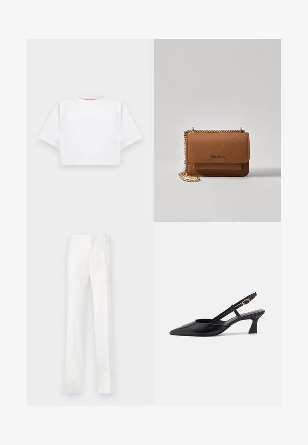 KFrakelse hvid t-shirt lavet af blødt stof, med korte ærmer, rund halsudskæring og ribbede nederste detaljer. Enkel og udekoreret design.; Hvide, lige bukser lavet af et letvægtsstof. Har en flad front, bælteløkker og ingen synlige mønstre eller dekorationer.; Sorte læderslyngeback sko med spids tå, lav hæl og justerbar rem med en guld ringdetalje. Glat tekstur og minimalistisk design.; Brun tekstureret læder crossover-taske med guldkæde-rem og klaplukning. Forsiden har logo-detalje og en lomme under klappen.