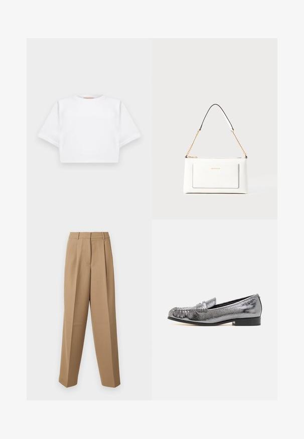 Cropped white t-shirt made of soft fabric, featuring short sleeves, a round neckline, and ribbed hem details. Simple and unembellished design.; Beige tailored trousers with a high waist, pleated front, and wide-leg cut. The fabric appears smooth with a slight sheen.; Metallic silver leather loafer with a textured finish, featuring a fringe detail and a low black heel. Classic and streamlined shape.; White leather handbag with a textured finish, featuring a gold chain strap and black accents. Includes a front pocket and zipper closure.