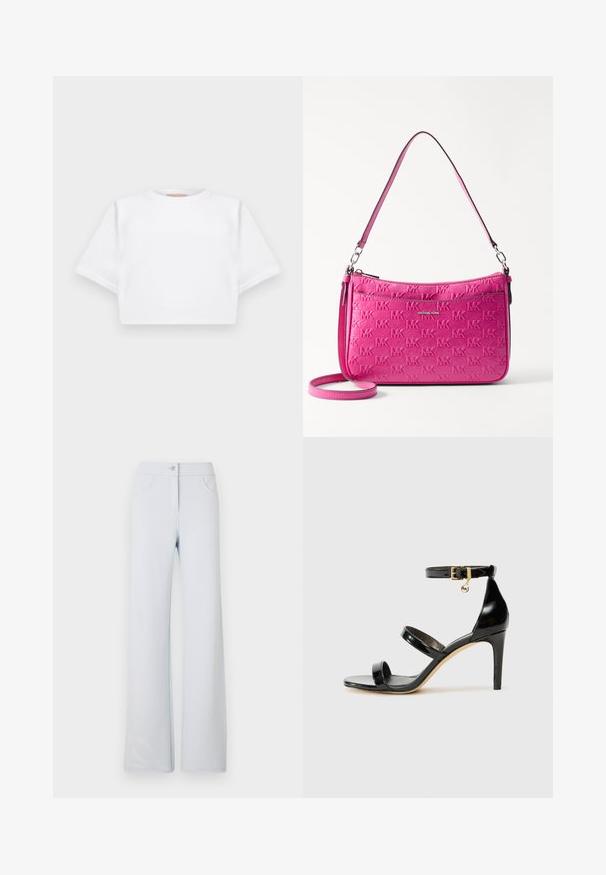 T-shirt branca corta, feita de tecido macio, apresentando mangas curtas, um decote redondo e detalhes de bainha canelada. Design simples e despretensioso.; Calças largas azul claro feitas de tecido macio, com fecho frontal por botão, passantes para cinto e dois bolsos laterais. Textura suave e design simples.; Sandal de couro envernizado preto com três tiras, fivela no tornozelo e salto agulha de 10 cm. Apresenta detalhes em hardware dourado e um charme com logotipo.; Mala de mão compacta rosa, feita de pele texturizada, com um padrão de logótipos em relevo, fecho com zíper e uma alça ajustável.