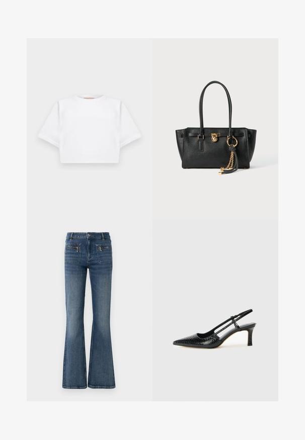 Lyhythihainen valkoinen t-paita pehmeää kangasta, jossa on pyöreä pääntie ja ribbireunat. Yksinkertainen ja ilman koristeita oleva malli.; Vapaamittaiset siniset farkut, joissa on keskimittainen vyötärö, edessä ja takana taskut sekä hillitty haalistunut pesu.; Musta patent slingback-kiilakorko teräväkärkisellä muotoilulla, jossa on teksturoitu käärmeennahkakuosi, säädettävä remmi ja lyhyt, teksturoitu blokkiheel.; Musta nahkainen käsilaukku, jossa on kaksinkertaiset kahvat, kultainen lukko ja ketjuyksityiskohta, sekä musta-valkoinen tupsu koriste, valkoista taustaa vasten.