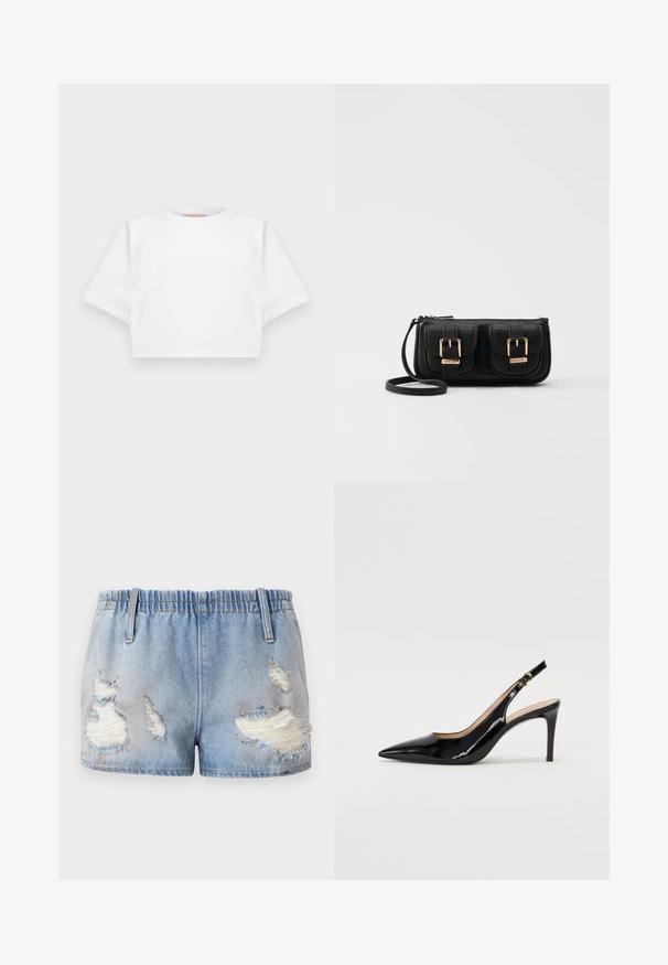 Izgriezta balta T-krekla no mīksta auduma, ar īsām piedurknēm, apaļu apkakli un ribota apakšmala. Vienkāršs un neizpušķots dizains.; Gaiši zili džinsu šorti ar elastīgu jostu. Iespējamie izsistumi ar nopulētiem malām un dažādu izmēru plīsumiem.; Melnas lakotās ādas slingback kurpes ar izteiktu degunu, šauru papēdi un smalku izgriezumu dizainu. Siksniņai ir zelta sprādze.; Melnas ādas crossbody soma ar divām priekšējām kabatām, zelta sprādzēm, ar rāvējslēdzēju aizdari un šauru siksnu. Strukturēta virsma un kompakta taisnstūra forma.