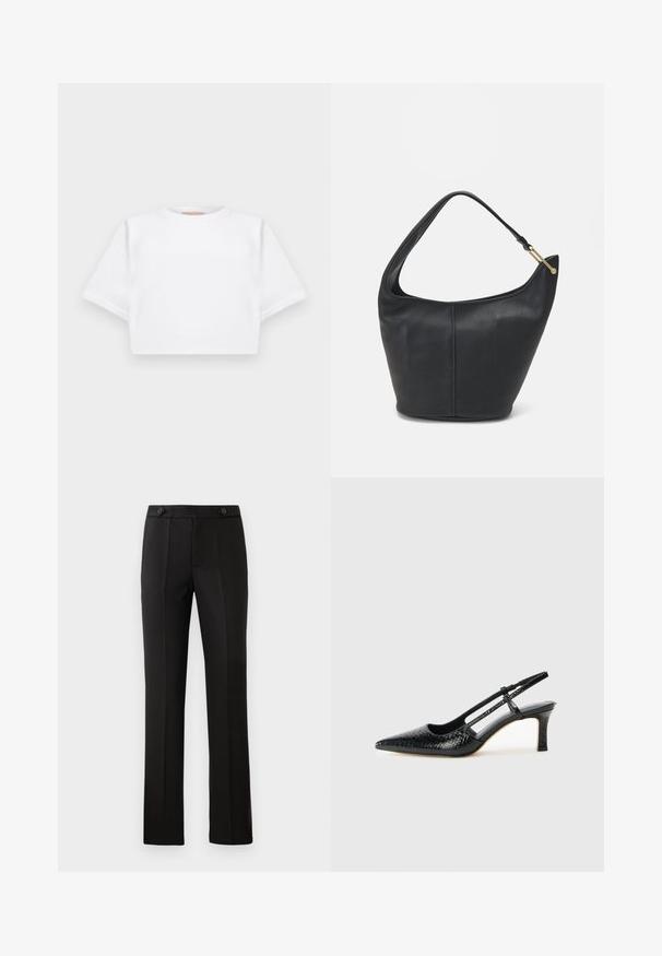 Skraćena bijela majica od mekog materijala, s kratkim rukavima, okruglim izrezom i rebrastim detaljima na rubu. Jednostavan i neukrašen dizajn.; Crne krojene hlače ravnog kroja, s dva prednja džepa, dugmetom za zatvaranje i pregibima sprijeda. Glatka tekstura tkanine.; Crne lakirane slingback pete s oštrim vrhom, s teksturiranim uzorkom zmijske kože, podesivom remenom i kratkom, teksturiranom blok-petom.; Crna kožna torba za ruke s zaobljenim oblikom, širokim remenom i teksturiranim završetkom. Sadrži suptilan detalj šava i zlatnu metalnu akcentu.