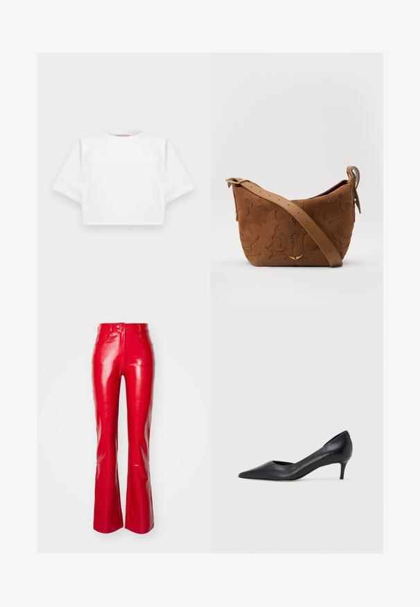 Gemiddelde witte T-shirt gemaakt van zachte stof, met korte mouwen, een ronde halslijn en geribbelde zoomdetails. Eenvoudig en ongecompliceerd ontwerp.; Norma Kamali HIGH WAIST - Broek - tiger red; Zwarte leren pump met een puntige neus en lage hak. Heeft een gladde textuur en een subtiele glans. Open uitsparing aan de voorkant voor extra detail.; Bruine suède schoudertas met een geperst bloemmotief, aangevuld met een gladde bruin leren schouderband en accenten in goudkleurig metaal.