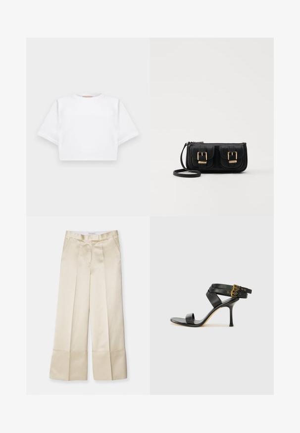 Beschnittenes weißes T-Shirt aus weichem Stoff, mit kurzen Ärmeln, rundem Halsausschnitt und gerippten Saumdetails. Einfaches und schnörkelloses Design.; Beige weite Hose aus glattem Stoff mit hohem Bund, gepunkteter Vorderseite und umgeschlagenem Saum, ausgestattet mit seitlichen Taschen und sauberem Finish.; Schwarze Absatzsandale mit gekreuzten Riemen und verstellbarem Schnallenverschluss. Sie verfügt über eine glatte Textur und einen schmalen Stiletto-Absatz.; Schwarze Leder-Umhängetasche mit zwei vorderen Taschen, goldenen Schnallen, Reißverschluss und einem schmalen Tragegurt. Texturierte Oberfläche und kompakte rechteckige Form.