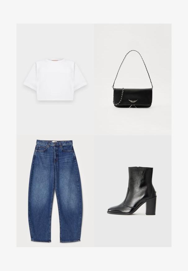 Trumpas baltas marškinėliai iš minkštos medžiagos, su trumpomis rankovėmis, apvaliu iškirpimu ir raukšlėtais hemų detalėmis. Paprastas ir be puošmenų dizainas.; Džinsai su laisvu siluetu, vidutinio aukščio liemeniu, tamsiai mėlynos spalvos, išblukusiu tekstūru, penkių kišenių dizainu ir tiesia kojų išpjova.; Juodas odinis kulkšninis batas su lygiu paviršiumi, smailiu pirštu ir masyviu aukštu kulnu. Savybė - šoninis atidarymas ir minimalistiškas dizainas.; Juodas odinis delninukas su sidabro spalvos grandinele, papuoštas dekoratyviniais sparnų akcentais ir balta siūle apačioje.