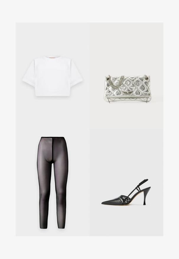 Kratka bela majica iz mehkega materiala, s kratkimi rokavi, okroglega izreza in rebrastimi robovi. Preprost in neokrašen dizajn.; Prozorne črne legice z visokim pasom in gladko teksturo. Imajo brezšivno zasnovo in obliko, ki se lepo oprime telesa.; Črne usnjene visokoodporne čevlje s peto in koničastim prstom, zasnovo križnega traku in vitko stileto peto. Gladka tekstura in minimalni poudarki.; Srebrna metalna torbica z verižnim ročajem, prešita tekstura, dekorativno šivanje in zadrga. Ima embosirane dodatke na sprednji strani.