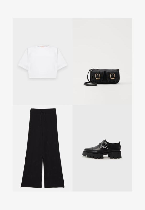 Kratka bela majica iz mehkega materiala, s kratkimi rokavi, okroglega izreza in rebrastimi robovi. Preprost in neokrašen dizajn.; Črne široke hlače iz mrežastega materiala z vrvico za prilagoditev v pasu. Tkanina je zračna in lahka, primerna za priložnostno nošenje.; Črne usnjene čevlje z debelim, rebrastim podplatom, ki imajo okroglo srebrno kovinsko dodatno opremo in minimalne šive.; Črna usnjena torbica čez ramo z dvema sprednjima žepoma, zlatimi zaponkami, zadrgo in ozkim pasom. Tekstura površine je strukturirana, obliko pa ima kompaktno pravokotno.
