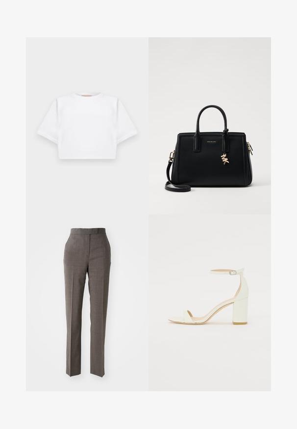 Trumpas baltas marškinėliai iš minkštos medžiagos, su trumpomis rankovėmis, apvaliu iškirpimu ir raukšlėtais hemų detalėmis. Paprastas ir be puošmenų dizainas.; Pilki pritaikyti kelnių modeliai su tiesiomis kojomis, tekstūruota medžiaga, vidutinio aukščio juosmens linija ir dvi priekinės kišenės. Nėra matomų užsegimų ar raštų.; Baltos odos blokinio kulno sandalai, su kulkšnies dirželiu ir sagtimi, minimalistinio dizaino. Atvira pirštų dalis ir sklandžios tekstūros visoje. ; Juodas odinis rankinė su struktūrizuotu dizainu, dviem viršutinėmis rankenėlėmis, nuimamu petiniu dirželiu, auksiniais akcentais ir logotipo pakabuku.