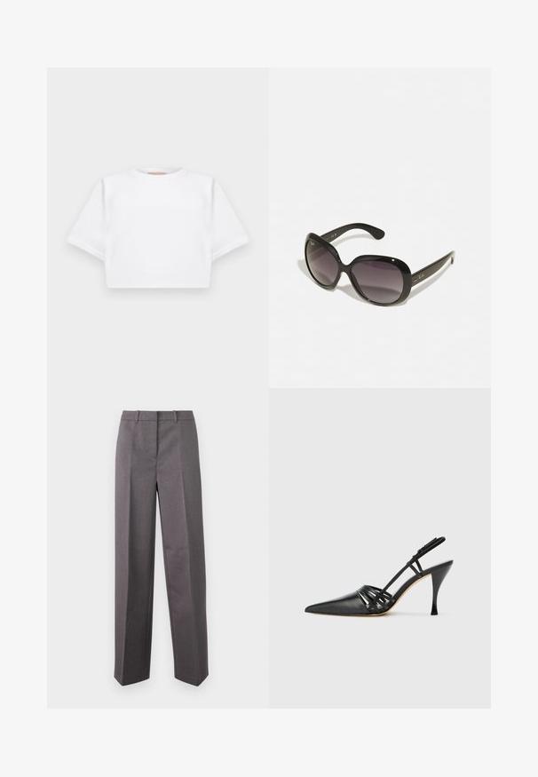 Cropped white t-shirt made of soft fabric, featuring short sleeves, a round neckline, and ribbed hem details. Simple and unembellished design.; Gray tailored trousers made of textured fabric, featuring a straight-leg design, flat front, and belt loops.; Black leather high-heeled slingback shoe with pointed toe, crisscross strap design, and slim stiletto heel. Smooth texture and minimal accents.; Black sunglasses with oversized, rounded frames. Lenses gradient from dark to light. Features a sleek, glossy finish and subtle logo accents on temples.