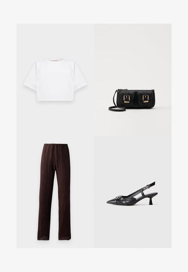 KFrakelse hvid t-shirt lavet af blødt stof, med korte ærmer, rund halsudskæring og ribbede nederste detaljer. Enkel og udekoreret design.; Brune brede bukser med plisseret tekstur, høj talje og et flydende design. Fremstillet af letvægtsstof. Ingen synlige lukninger.; Sort lædersandal med spids tå, dekorative stropper med metaløjer og en lav blokhæl. Struktureret overflade.; Sort læder crossbody taske med to frontlommer, guldspænder, lynlåslukning og en slank rem. Struktureret overflade og kompakt rektangulær form.