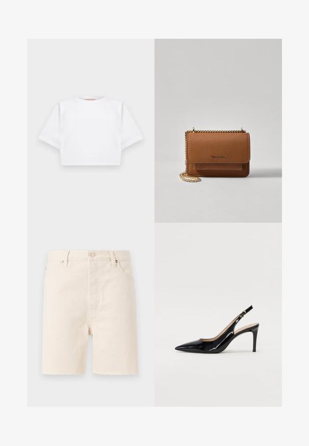T-shirt blanc court en tissu doux, avec des manches courtes, un col rond et des détails en côtes sur l'ourlet. Design simple et sans embellissement.; Shorts en denim beige à coupe droite, avec fermeture à bouton, passants de ceinture et ourlet effiloché. Design à cinq poches.; Pompe slingback en cuir verni noir avec un bout pointu, un talon fin et un design de découpes subtil. Elle dispose d'une boucle dorée sur la sangle.; Sac en cuir texturé marron en bandoulière avec une sangle en chaîne dorée et une fermeture à rabat. L'avant présente un détail de logo et une poche sous le rabat.