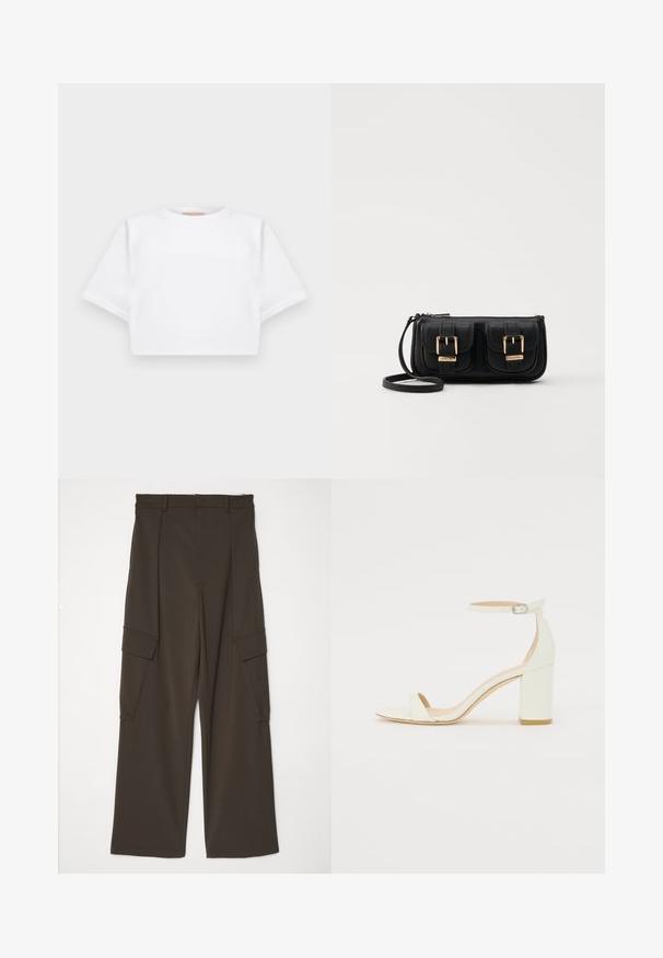 Skraćena bijela majica od mekog materijala, s kratkim rukavima, okruglim izrezom i rebrastim detaljima na rubu. Jednostavan i neukrašen dizajn.; Smeđe široke cargo hlače od teksturirane tkanine, s dva bočna džepa s preklopima i ravnim krojem od struka do rubova.; Bijela kožna sandala na blok petu s remenom oko zapešća i minimalističkim dizajnom. Otvoreni nos i glatke teksture kroz cijelu obuću.; Crna kožna torba preko ramena s dva prednja džepa, zlatnim kopčama, zatvaranjem na zip i uskim remenom. Teksturirana površina i kompaktan pravokutan oblik.