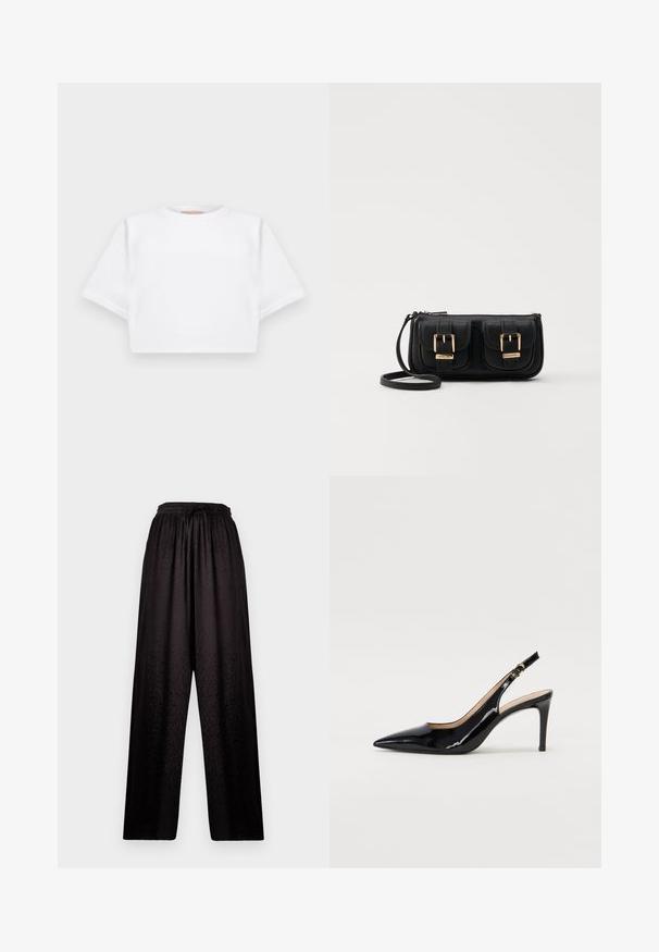 Cropped white t-shirt made of soft fabric, featuring short sleeves, a round neckline, and ribbed hem details. Simple and unembellished design.; Black wide-leg pants with elastic waistband and subtle leopard print texture, featuring a drawstring tie at the front.; Black patent leather slingback pump with pointed toe, slim heel, and a subtle cutout design. Features a gold buckle on the strap.; Black leather crossbody bag with two front pockets, gold buckles, zipper closure, and a slim strap. Textured surface and compact rectangular shape.