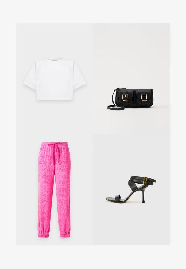 Trumpas baltas marškinėliai iš minkštos medžiagos, su trumpomis rankovėmis, apvaliu iškirpimu ir raukšlėtais hemų detalėmis. Paprastas ir be puošmenų dizainas.; Rožinės sportinės kelnės su viso paviršiaus iškilnia "VERSACE" logotipo raštu, elastine juosta su raišteliu ir elastinėmis apačiomis.; Juodi kulniškų sandalai su kryžminėmis juostelėmis ir reguliuojamu sagtimi. Ypatybė – lygus paviršius ir siauras smailas kulnas.; Juodas odinis per petį nešiojamas krepšys su dviem priekiniais kišenėmis, auksiniais sagtimis, užtrauktuko uždarymu ir siauromis petnešomis. Textūruota paviršius ir kompaktiškas stačiakampis formatas.