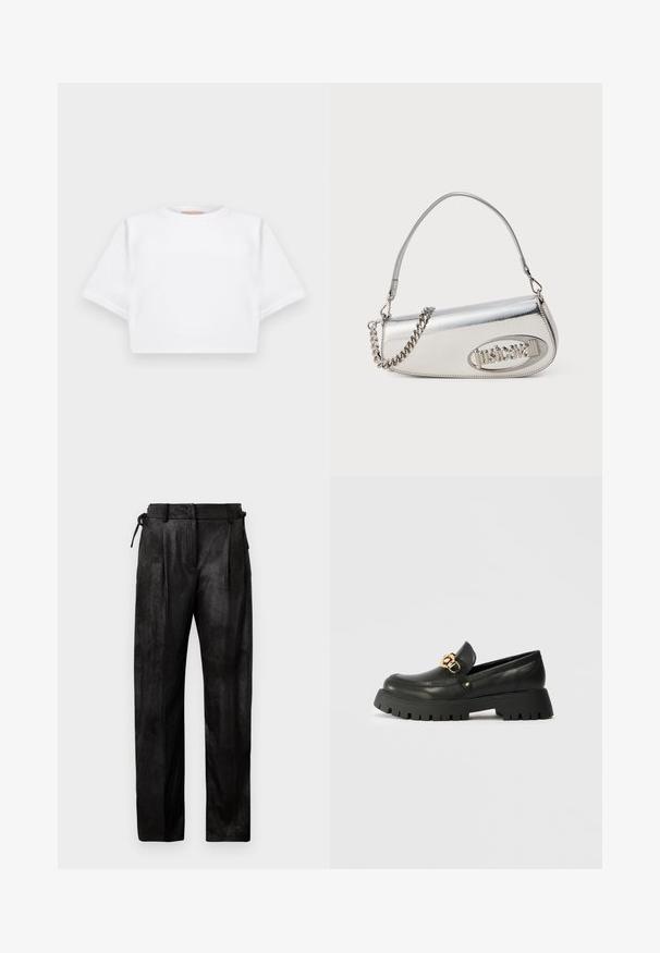 Lühikeste varrukatega, pehmest kangast lõigatud valge T-särk, millel on ümar kaelus ja soonikuga ääred. Lihtne ja ilma kaunistusteta disain.; Mustad, kõrge talje ja tekstuuriga materjalist püksid. Omavad sirget säärekuju, voldikesi ja reguleeritavat nööriga vööd.; Mustmust mustat mustkest paksu, tekstuuriga kummitald. Omab kuldset ahelat üle vammuse ja ümarat nina disaini.; Hõbedane metallist käekott, millel on ümar kolmnurkne kujundus, millel on logo, kettrihm ja sile tekstuur. Küljel on lukuga sulgur.