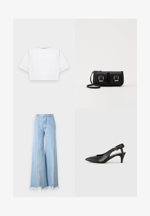 Lühikeste varrukatega, pehmest kangast lõigatud valge T-särk, millel on ümar kaelus ja soonikuga ääred. Lihtne ja ilma kaunistusteta disain.; Heledad sinine laiade sääreline teksad kõrge vöökohaga, külgsongade ja toore servaga. Valmistatud denimist kontrastsetest õmblustest detailidega.; Must musträkkidega must nahast slingback-kontsaking, millel on terav nina, väike konts ja pandla detail pahkluu rihmal. Sile tekstuur, minimalistlik disain.; Must küllastamata nahast õlakott, millel on kaks esist nähtavat taskut, kuldsed pandlad, tõmblukuga sulgemine ja peen rihm. Tekstuuriga pind ja kompaktne ristkülikukujuline kuju.